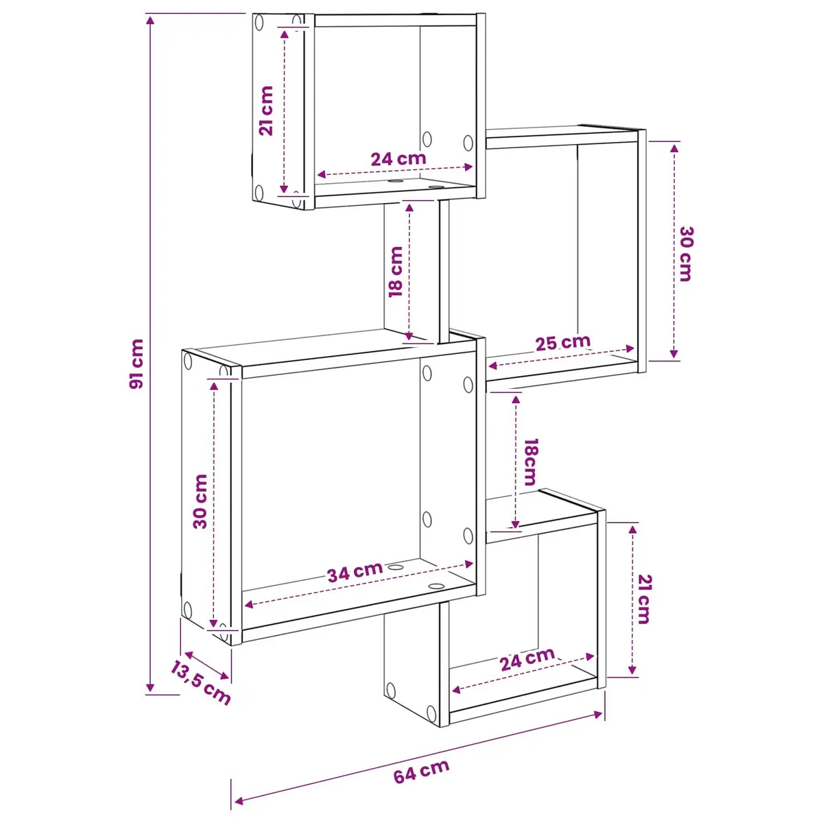 Wall Cube Shelves Brown Sonoma Oak Modern Display Storage Organiser 64 x 13.5 x 91.5 cm Engineered Wood