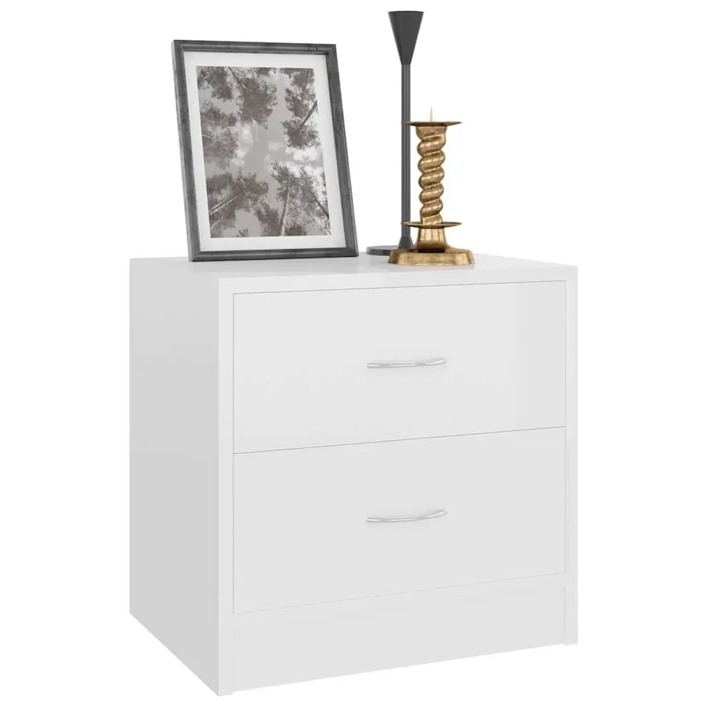 Bedside Cabinet High Gloss White 2 Drawer Engineered Wood Nightstand Storage Chest