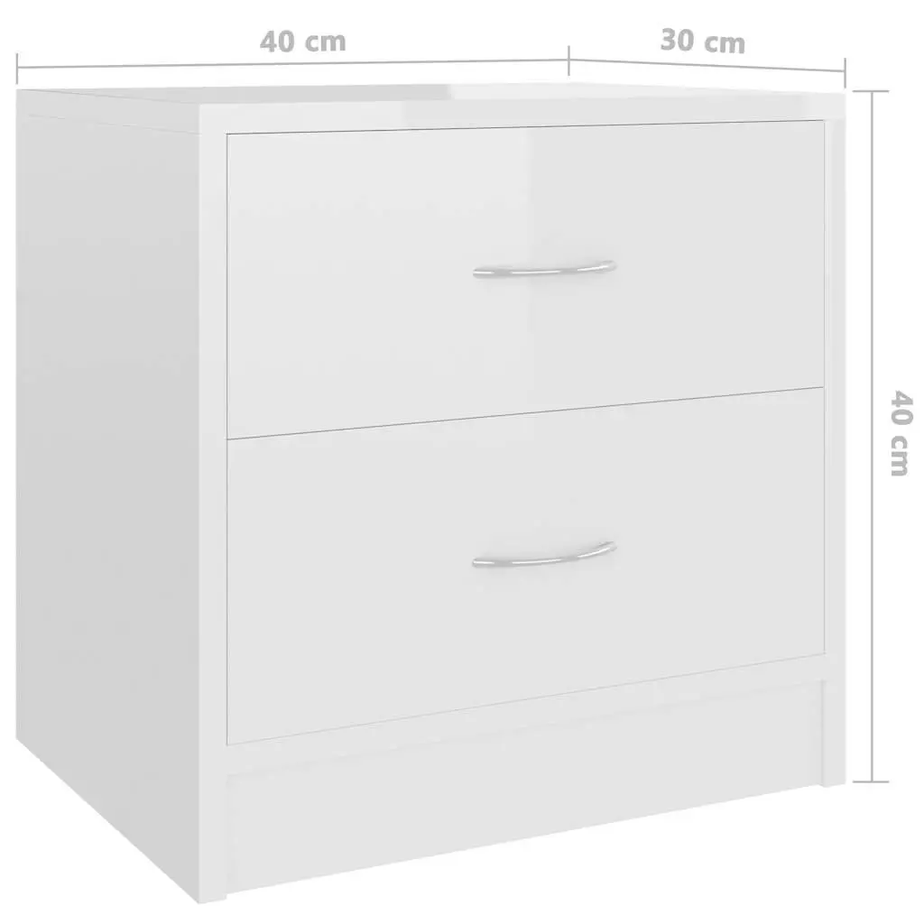 Bedside Cabinet High Gloss White 2 Drawer Engineered Wood Nightstand Storage Chest