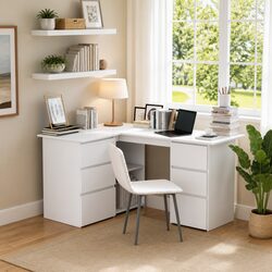 White Engineered Wood Corner Desk with Storage Drawers