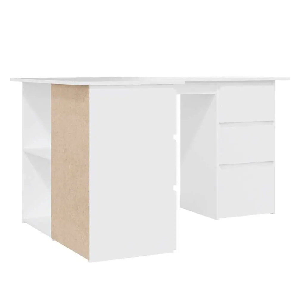Corner Desk White Engineered Wood 145cm x 100cm Home Office Workstation with Storage Drawers