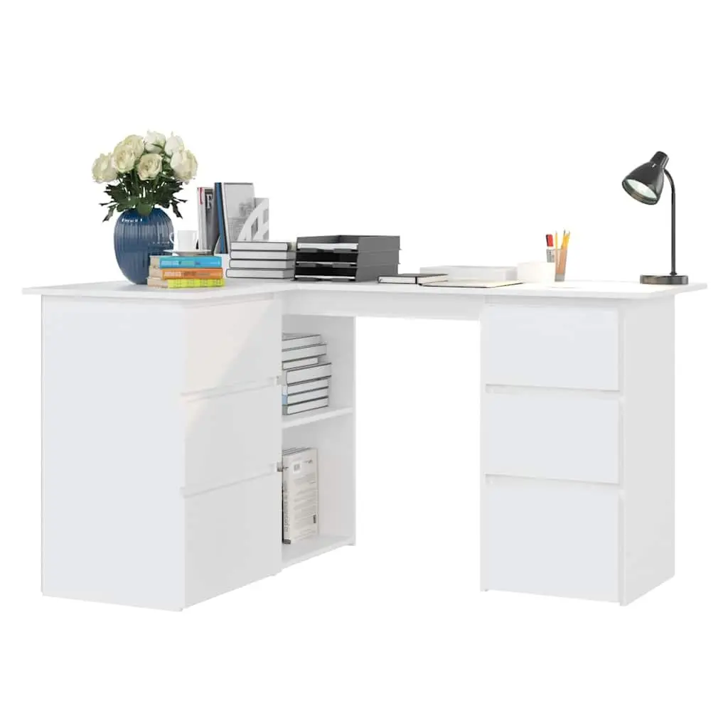 Corner Desk White Engineered Wood 145cm x 100cm Home Office Workstation with Storage Drawers