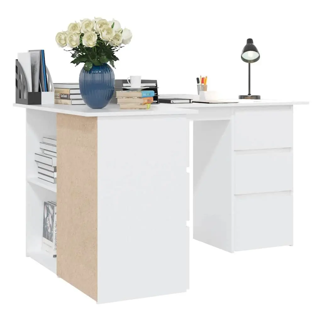 Corner Desk White Engineered Wood 145cm x 100cm Home Office Workstation with Storage Drawers