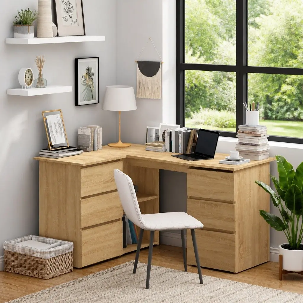 Corner Desk Brown Engineered Wood Office Workstation Storage Shelves Drawers