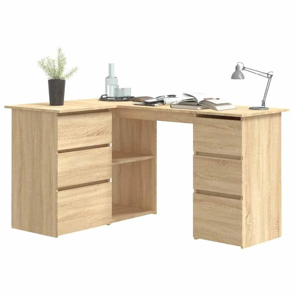 Corner Desk Brown Engineered Wood Office Workstation Storage Shelves Drawers