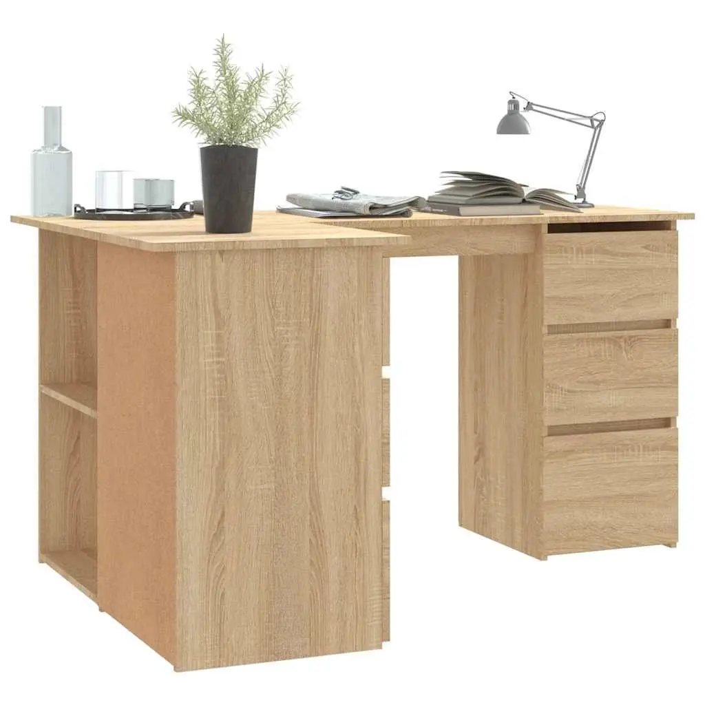 Corner Desk Brown Engineered Wood Office Workstation Storage Shelves Drawers