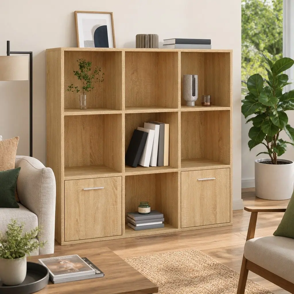 Book Cabinet Brown 7 Cubes 2 Doors Engineered Wood Storage Shelving Unit