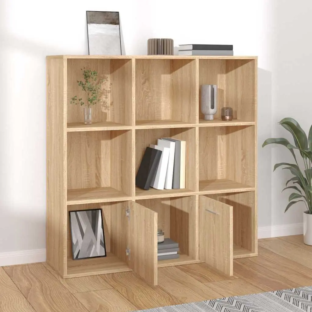 Book Cabinet Brown 7 Cubes 2 Doors Engineered Wood Storage Shelving Unit