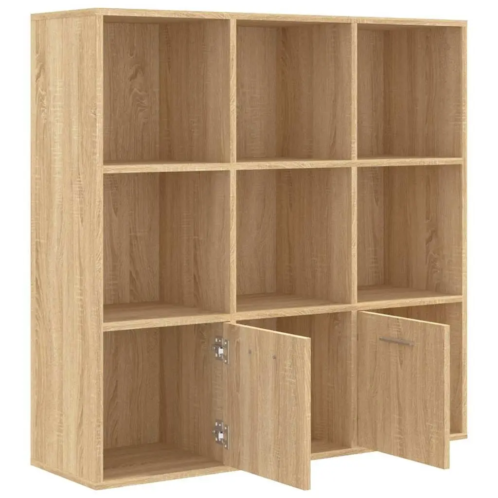 Book Cabinet Brown 7 Cubes 2 Doors Engineered Wood Storage Shelving Unit