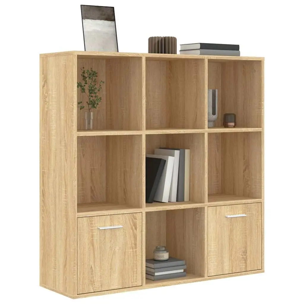 Book Cabinet Brown 7 Cubes 2 Doors Engineered Wood Storage Shelving Unit