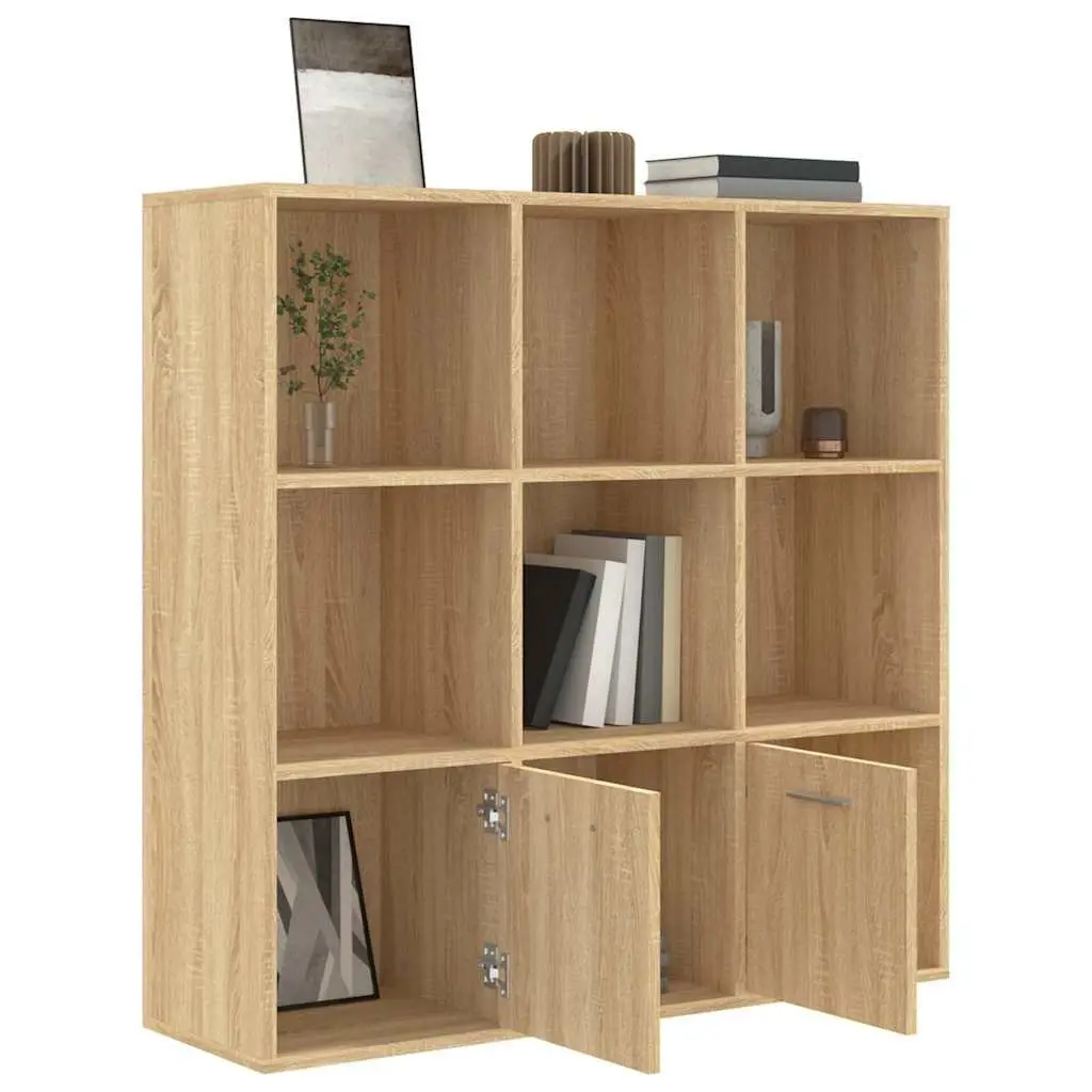 Book Cabinet Brown 7 Cubes 2 Doors Engineered Wood Storage Shelving Unit