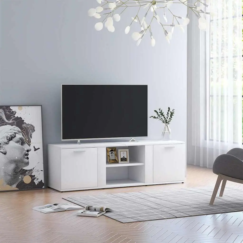 White TV Cabinet with 2 Doors and Open Compartments