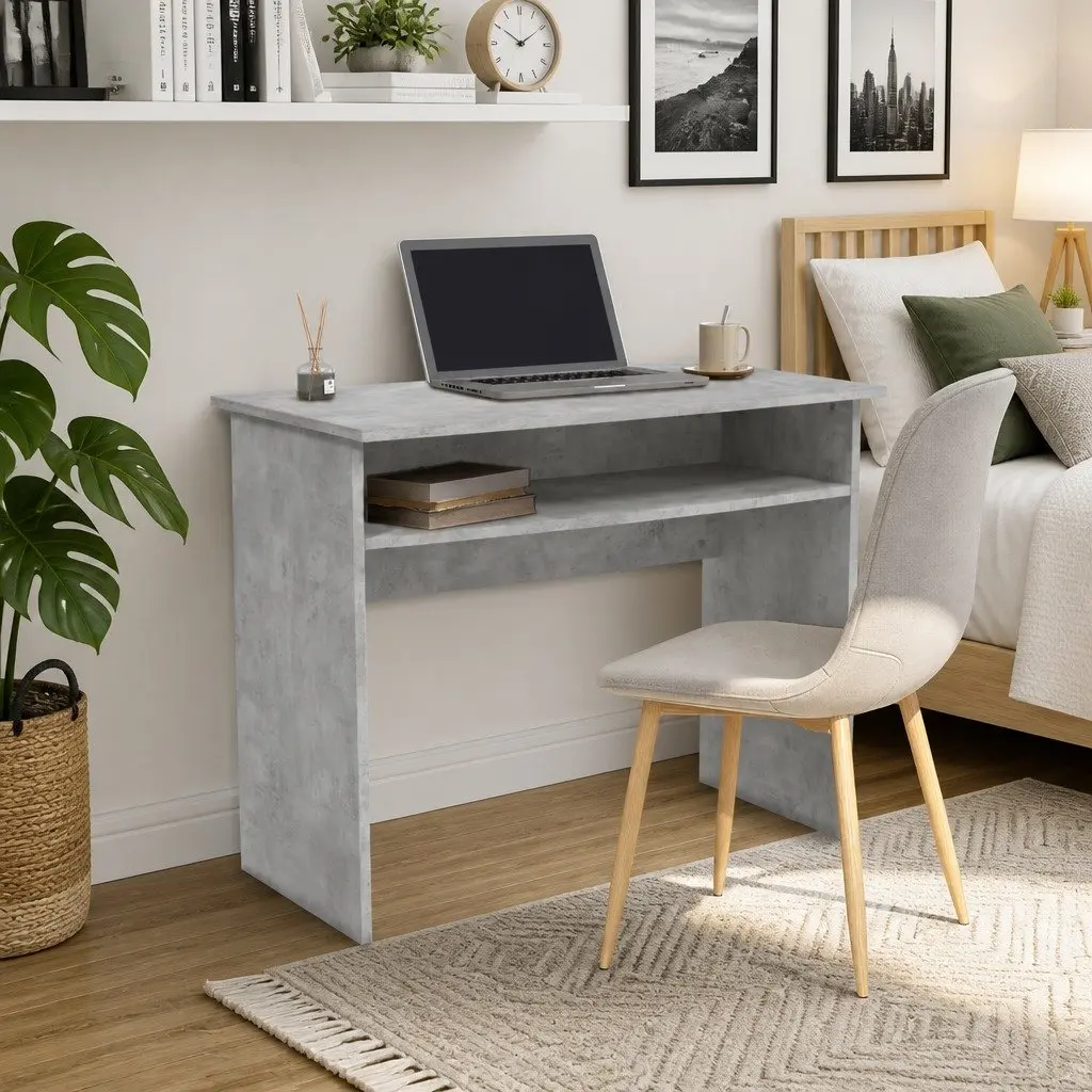 Grey Engineered Wood Computer Desk with Storage Shelf