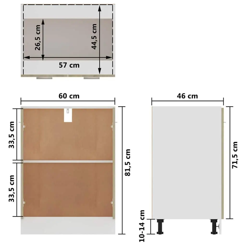 Kitchen Bottom Cabinet Sonoma Oak 60x46x81.5 cm Storage Unit 2 Doors 2 Shelves