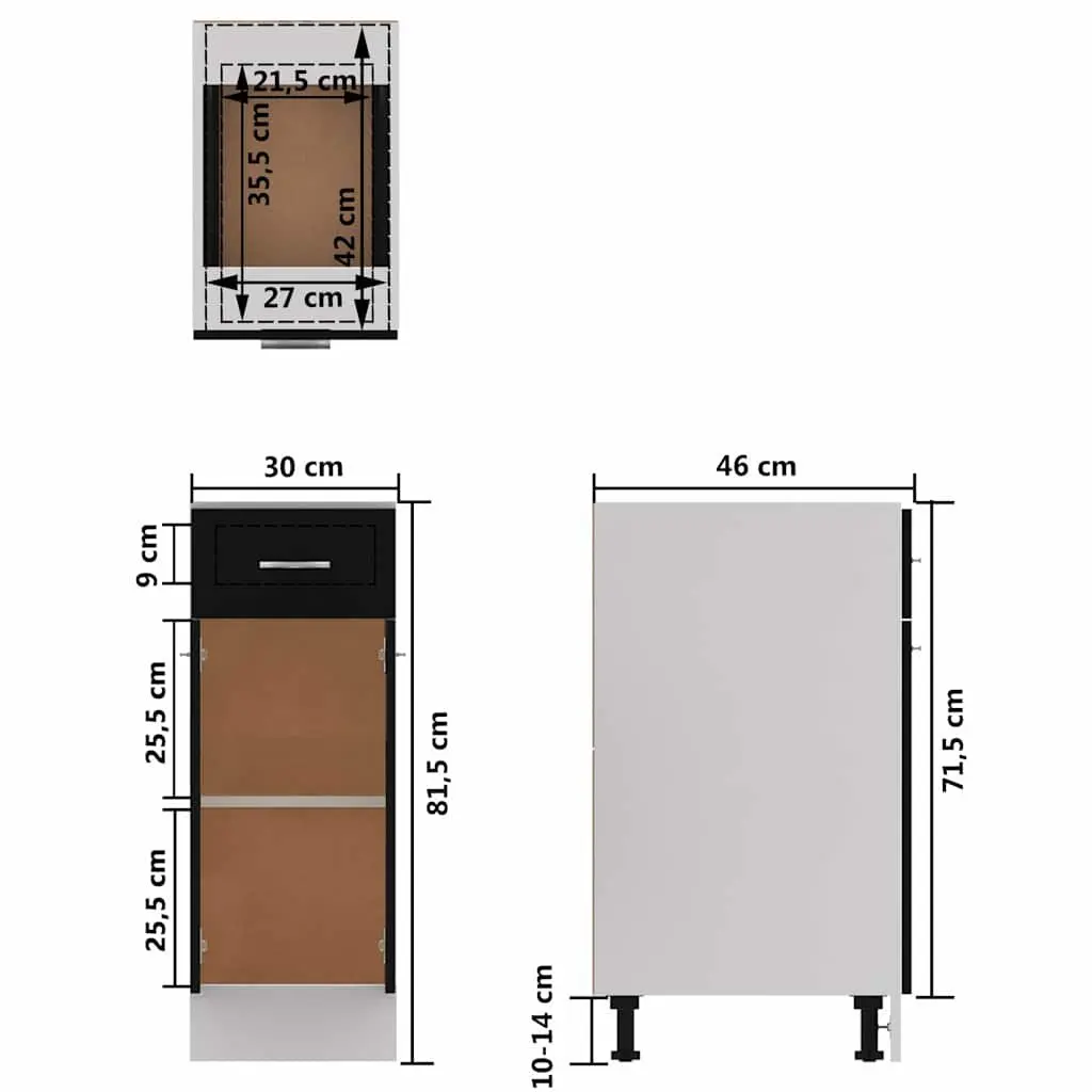 Black Engineered Wood Kitchen Cabinet with Drawer