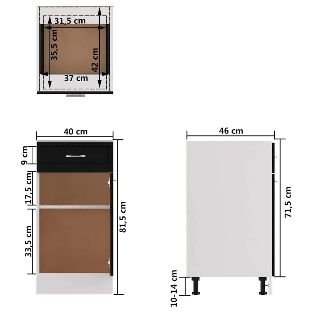 Black Kitchen Drawer Cabinet with Organiser Shelves
