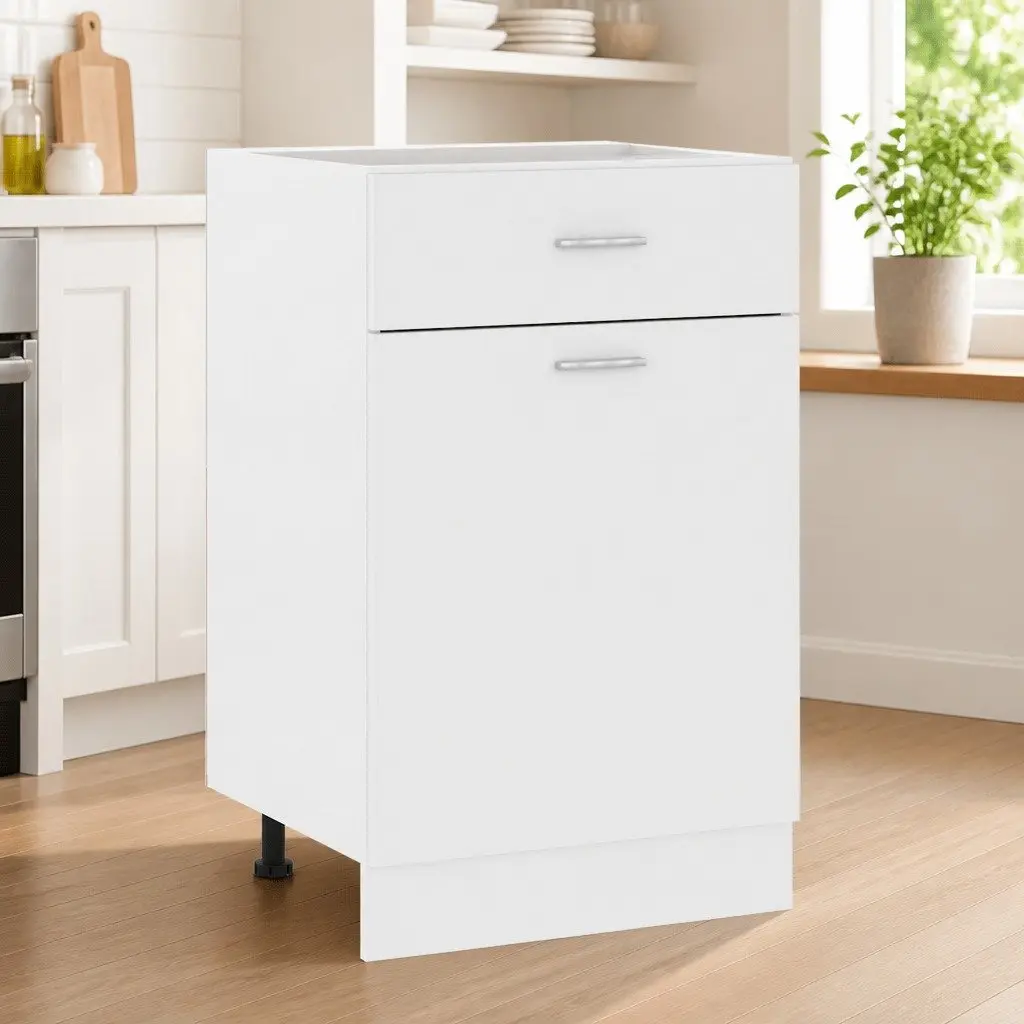 White Kitchen Storage Cabinet with Drawer and Shelves