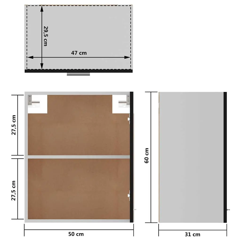 Hanging Kitchen Cabinet Black Wall Mount Storage Cupboard Engineered Wood 50W x 31D x 60H cm