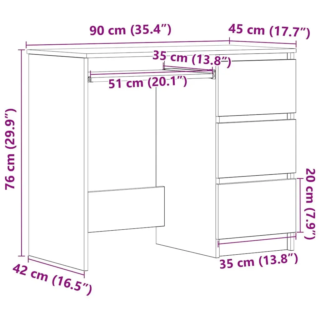 Brown Engineered Wood Desk 90x45x76cm with Drawer