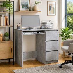 Concrete Grey Office Desk with Drawer Storage, 90cm