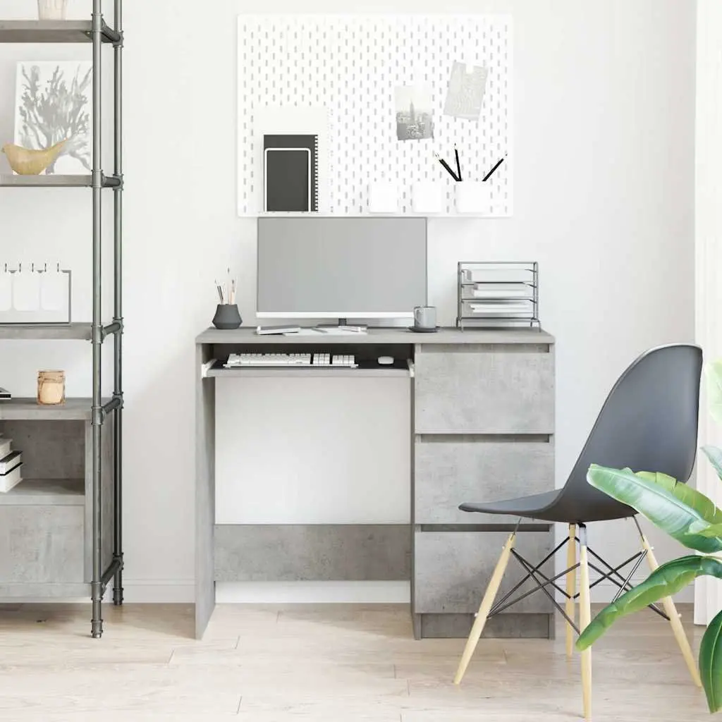 Concrete Grey Office Desk 90cm Engineered Wood Drawer Storage Compact
