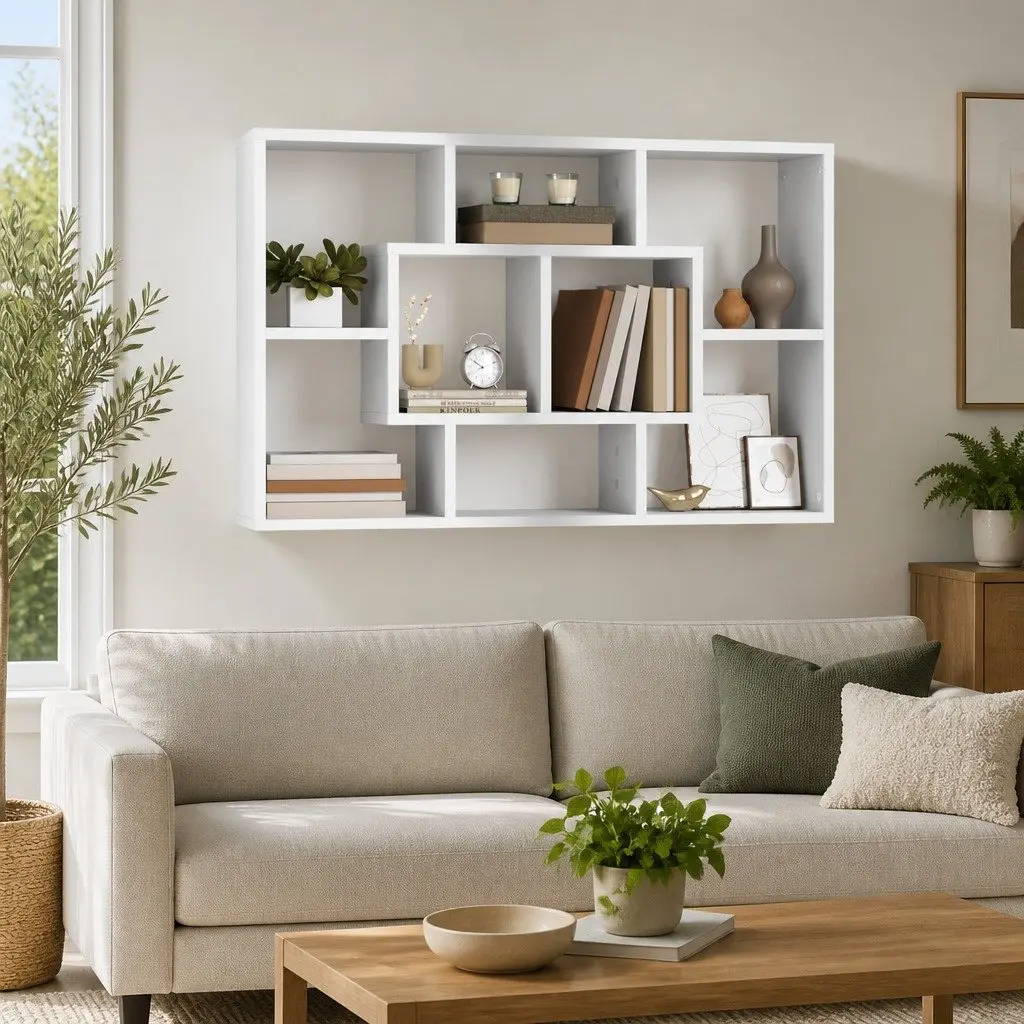 White Floating Wall Shelf with Eight Storage Compartments