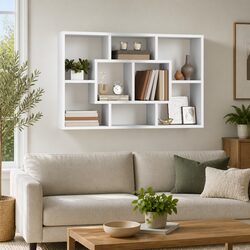 White Floating Wall Shelf with Eight Storage Compartments