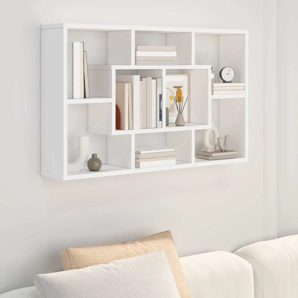 White Floating Wall Shelf with Eight Storage Compartments