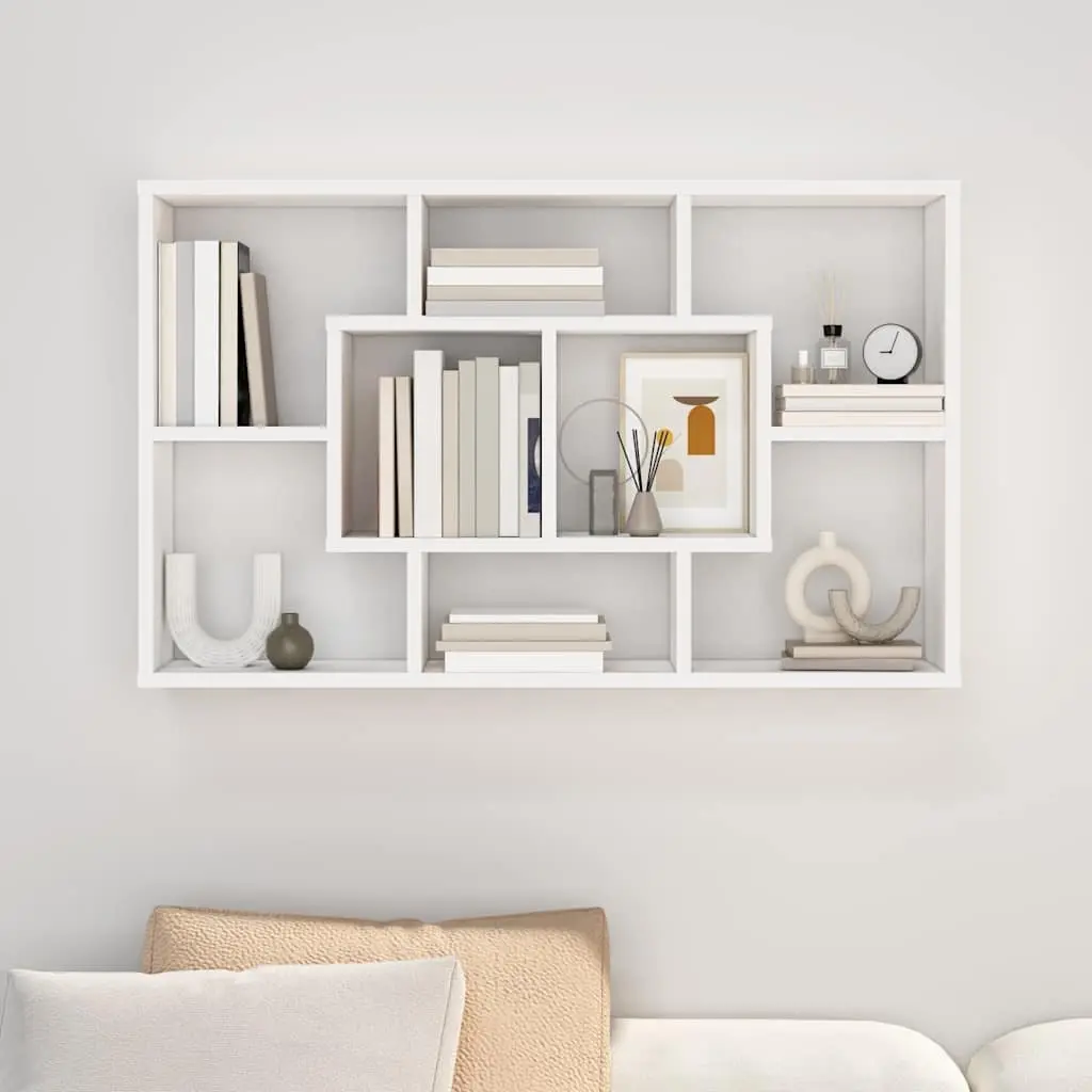 White Floating Wall Shelf with Eight Storage Compartments