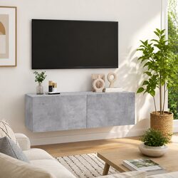 Grey Wall-Mounted TV Cabinet with Drop-Down Doors