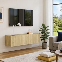 Brown Wall-Mounted TV Cabinet with Drop-Down Doors