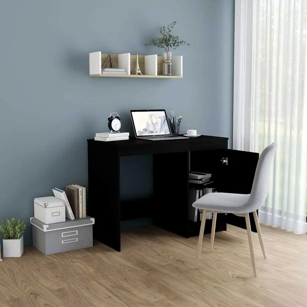 Black Office Desk with Storage Cabinet Modern Design Writing Table 100x50x76cm