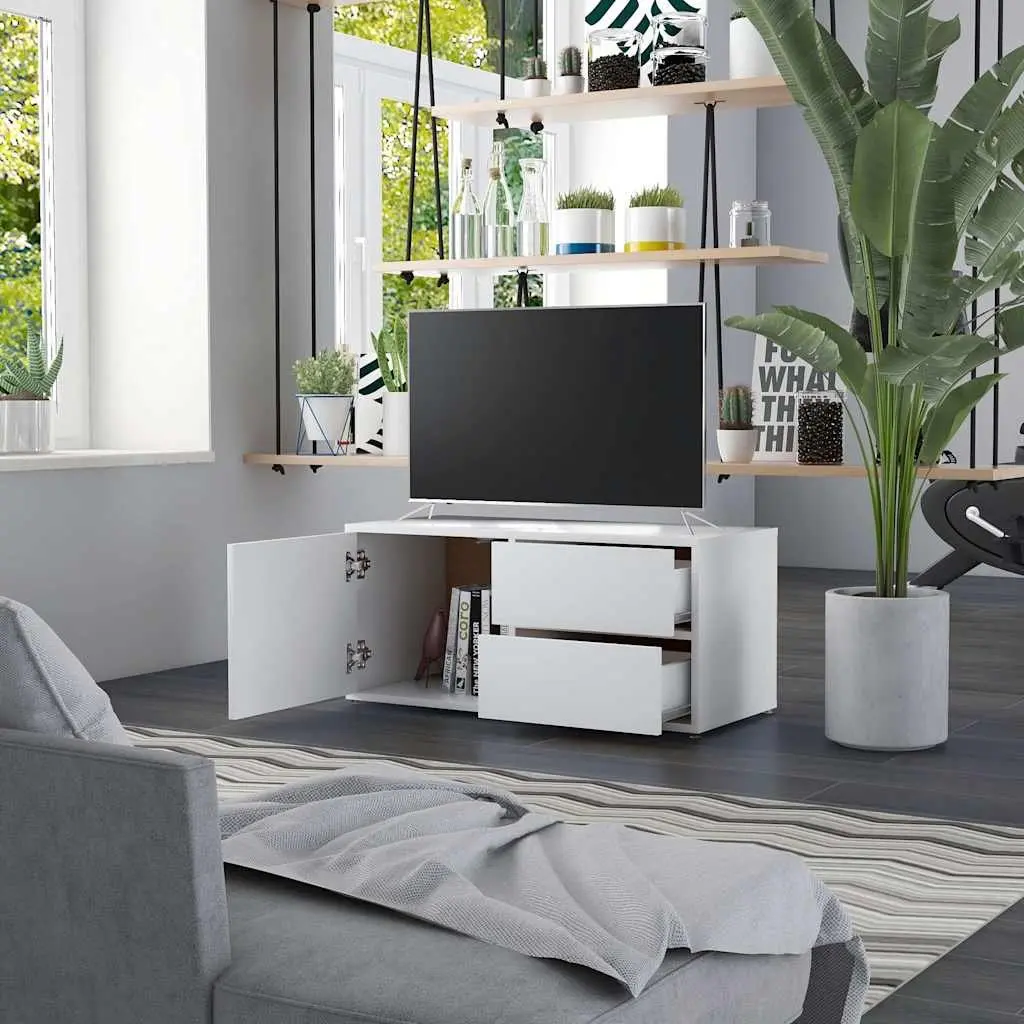 White Engineered Wood TV Cabinet with Drawers