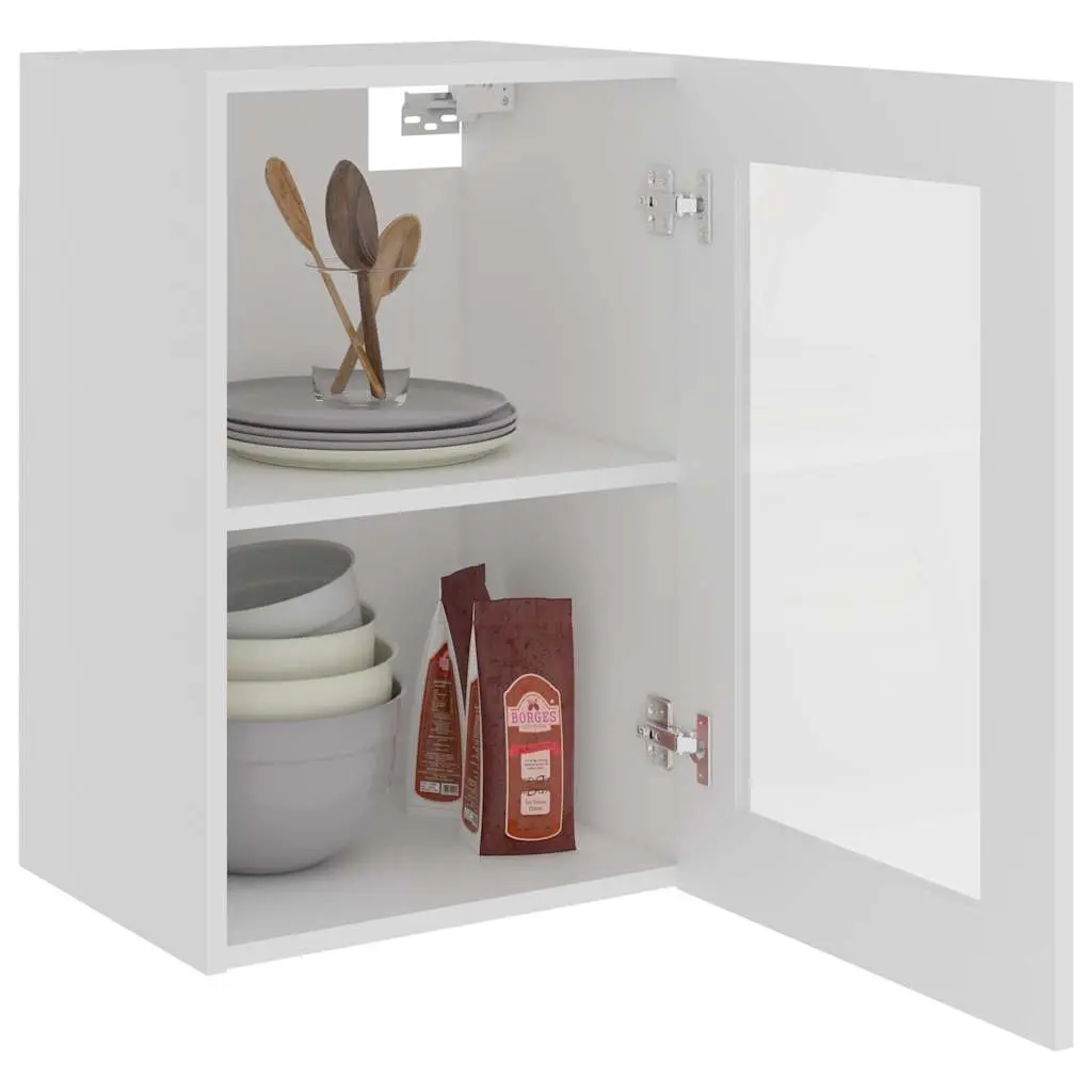 Hanging Glass Kitchen Cabinet White Storage Shelves Door Organizer Engineered Wood 40 x 31 x 60 cm