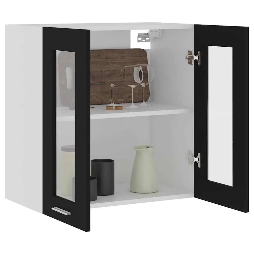 Black Hanging Glass Kitchen Cabinet Storage Cupboard Shelves Doors Organised