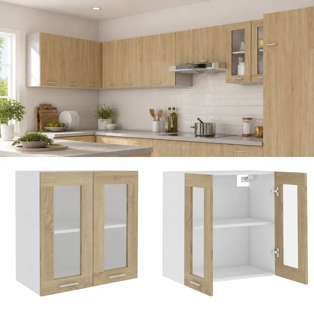 Brown Glass Kitchen Cabinet with Storage Shelves