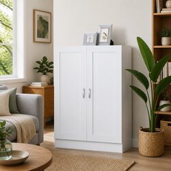 Charming White Book Cabinet with Doors and Compartments