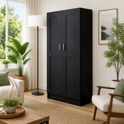Black Engineered Wood Book Cabinet with Doors