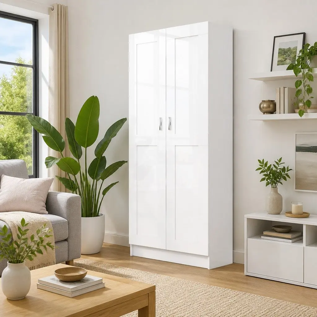 5-Shelf White Book Cabinet with Doors for Organized Storage