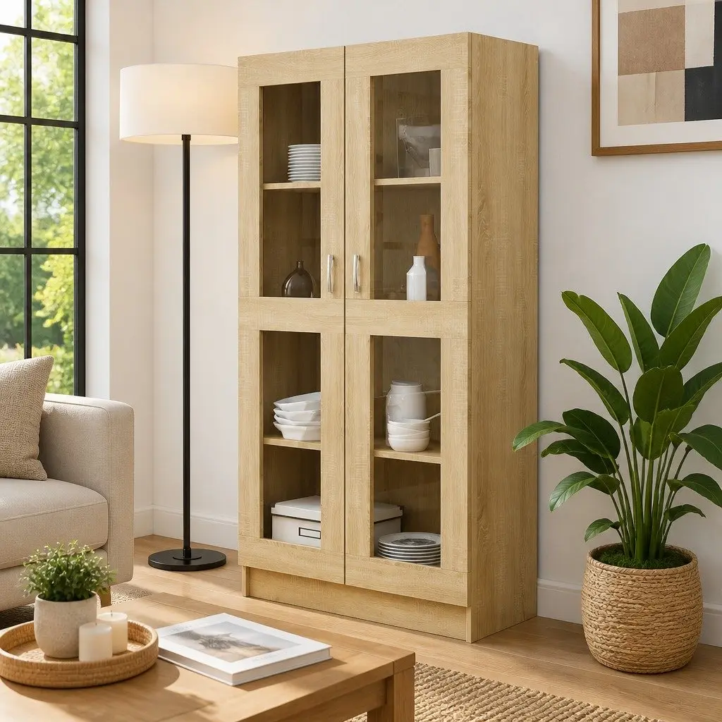 Brown Engineered Wood Vitrine Display Cabinet 82.5x30.5x150cm