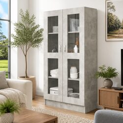 Grey Engineered Wood Vitrine Cabinet with 4 Compartments