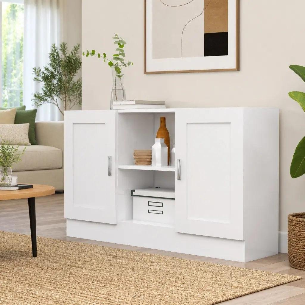 Sideboard White 120cm Engineered Wood 2 Doors 2 Compartments