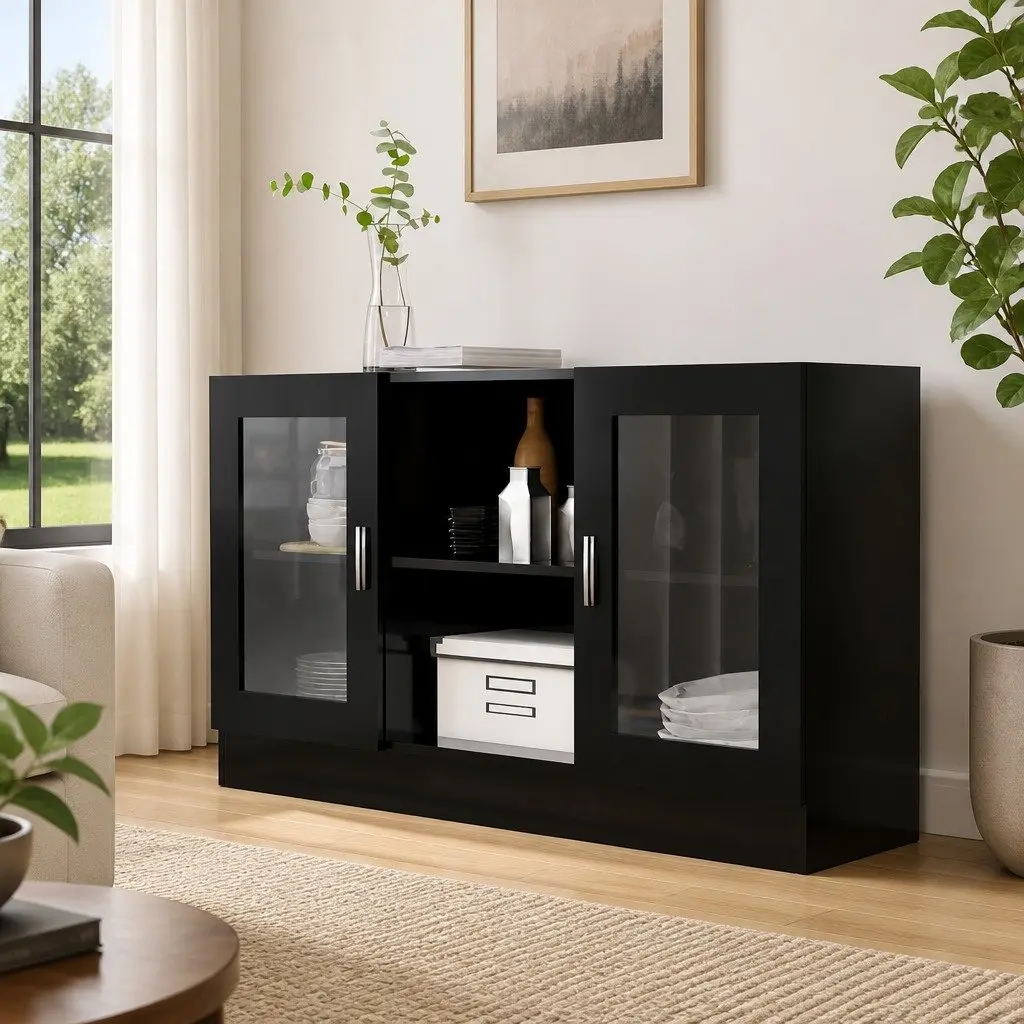 Vitrine Cabinet Black Storage Display Buffet 120cm Engineered Wood