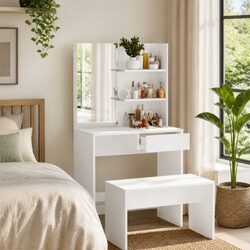 White Vanity Makeup Desk with Integrated Mirror