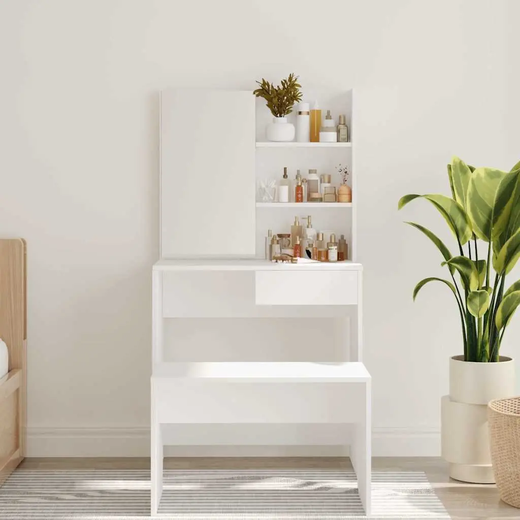 Dressing Table with Mirror White Modern Engineered Wood Makeup Desk 74.5 x 40 x 141 cm