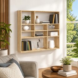 Brown Wall Shelf Display Unit with 10 Open Compartments