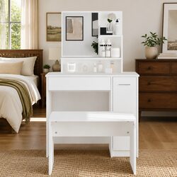 Elegant White Dressing Table with Mirror and Storage