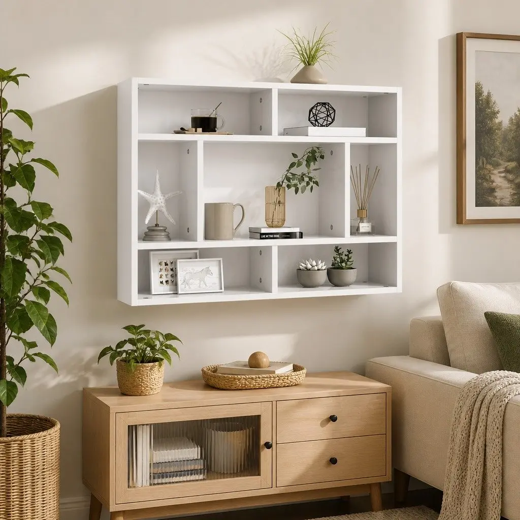 Wall Shelf White 75x16x55 cm Engineered Wood Open Compartments Storage Display Shelving Unit