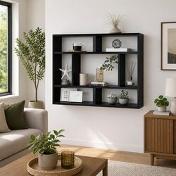 Black Wall Shelf with Open Compartments for Display
