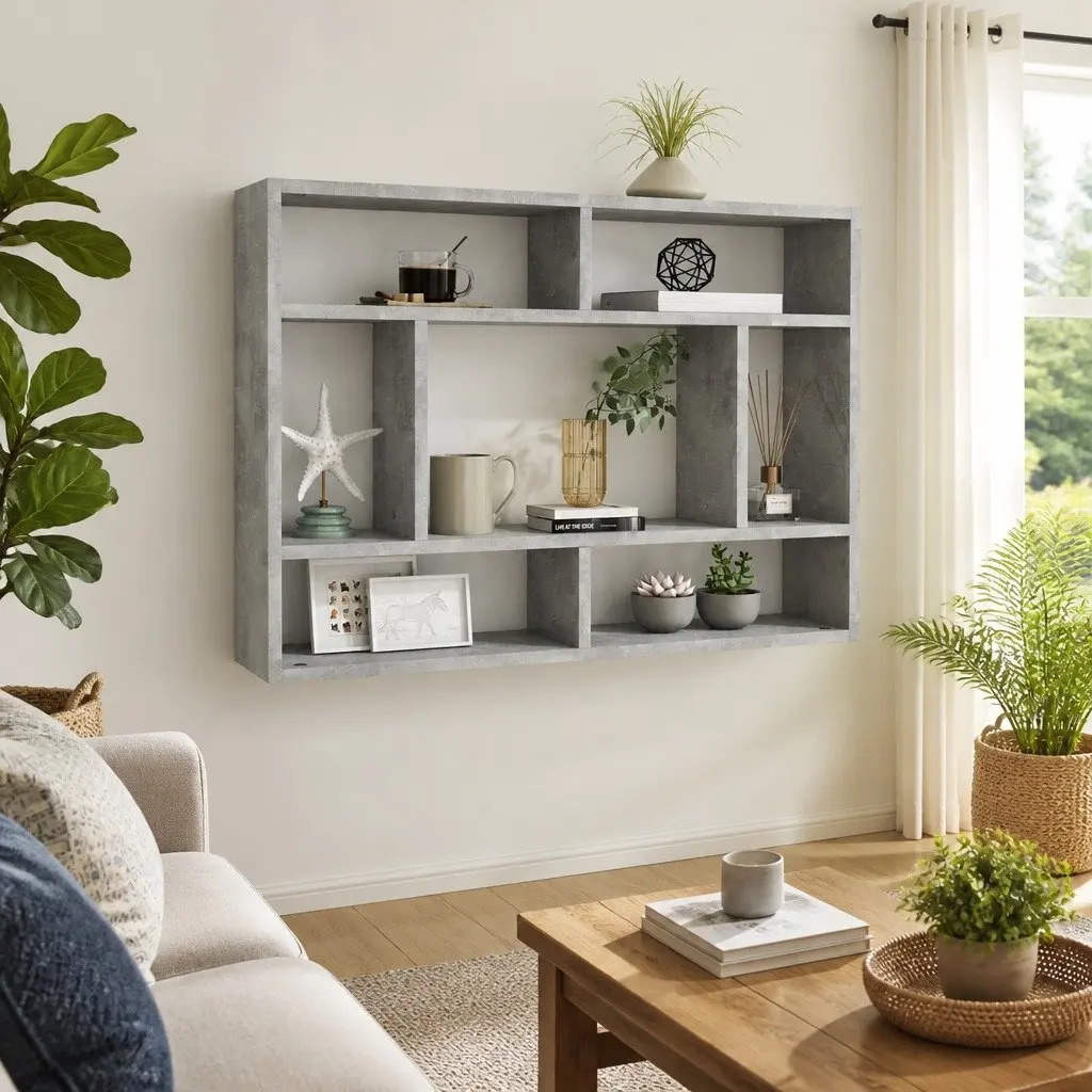 Wall Shelf Grey Open Compartment Storage Display Unit Engineered Wood 75 x 16 x 55 cm